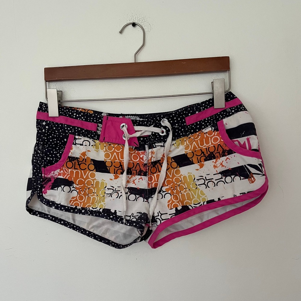 Volcom Miss Mod Board Shorts Womens 3 Pink Orange Stripe Star Logo Boardie